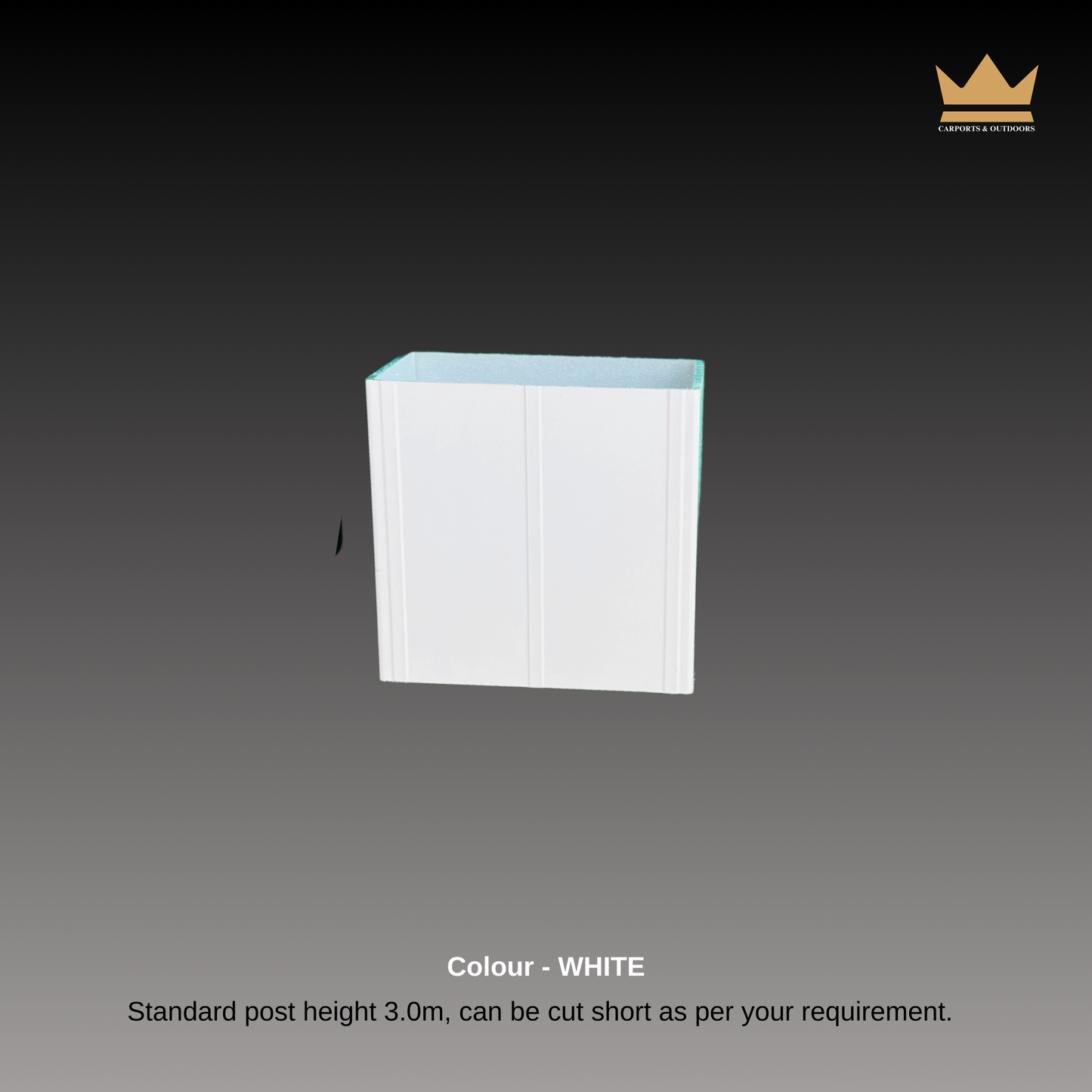 3 meter white aluminium patio cover post with top and bottom brackets, designed to provide extra roof support.