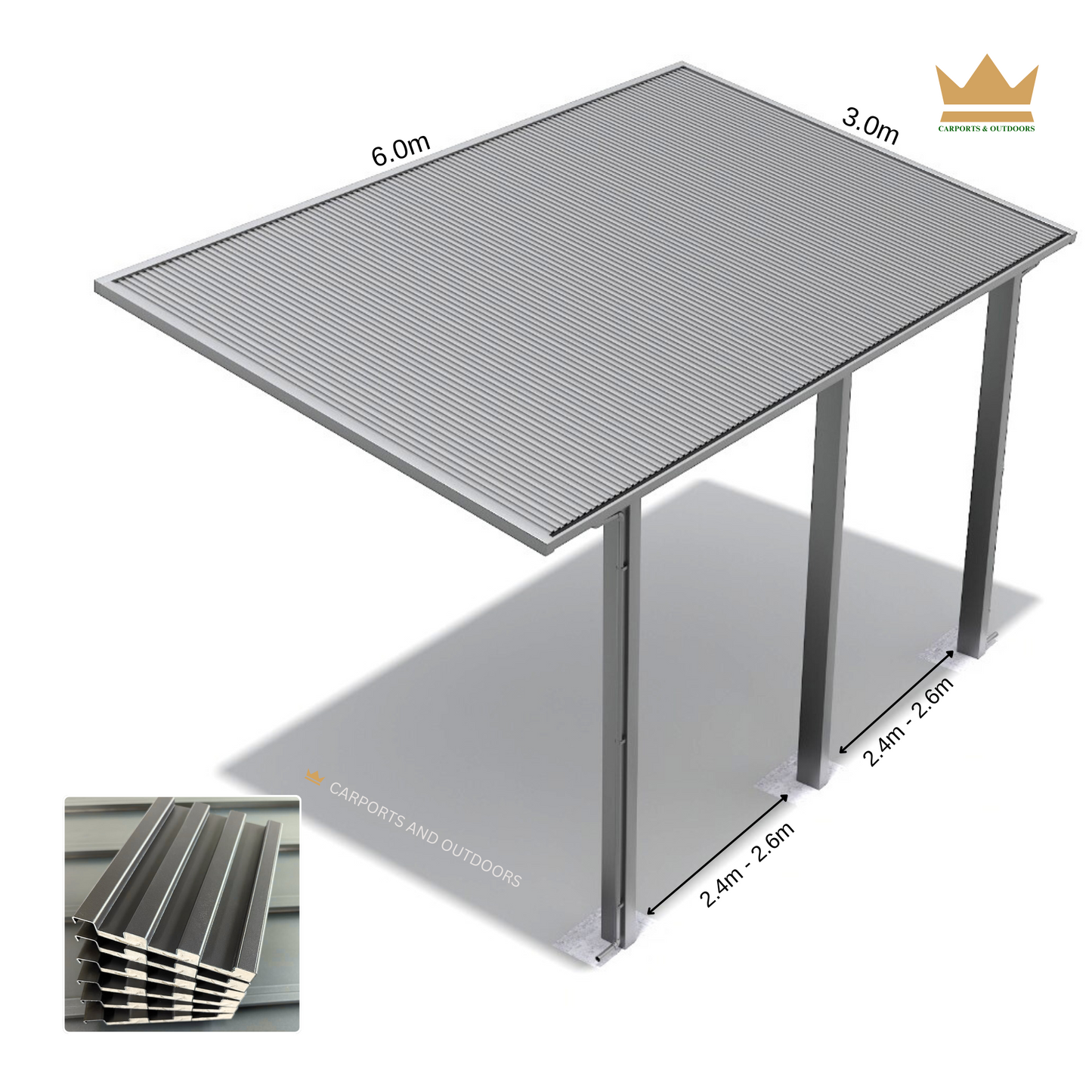 Cantilever Carport with aluminium insulated roof panels 3.0m x 6.0m