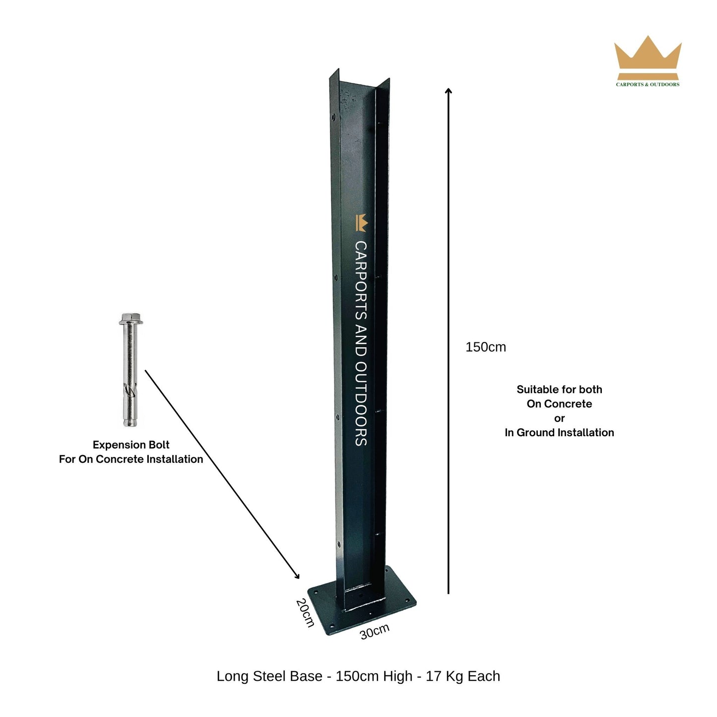 Long Steel Base for carport installation in ground or on concrete - 2 in 1
