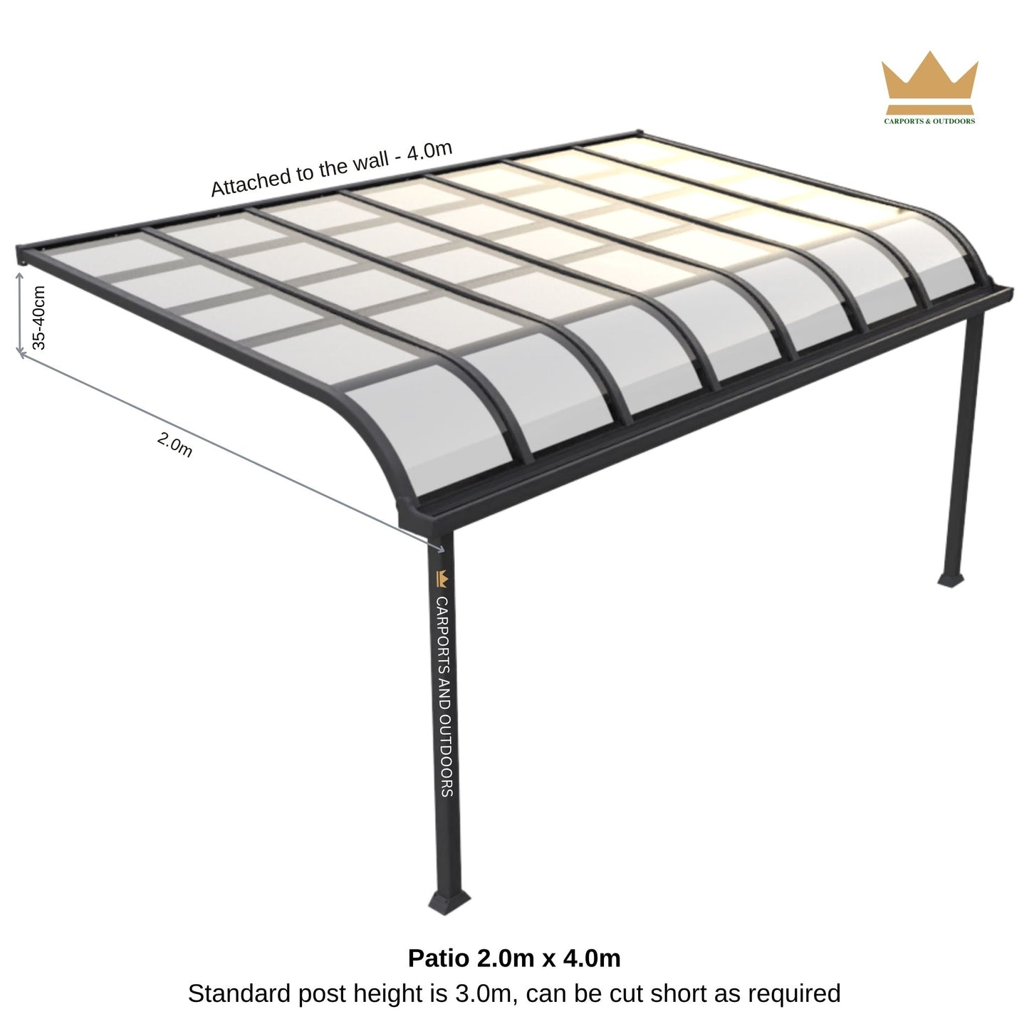 Aluminium Patio cover kit, Grey Frame with Light Grey PC Sheets 2.0m x 4.0m Balcony Cover