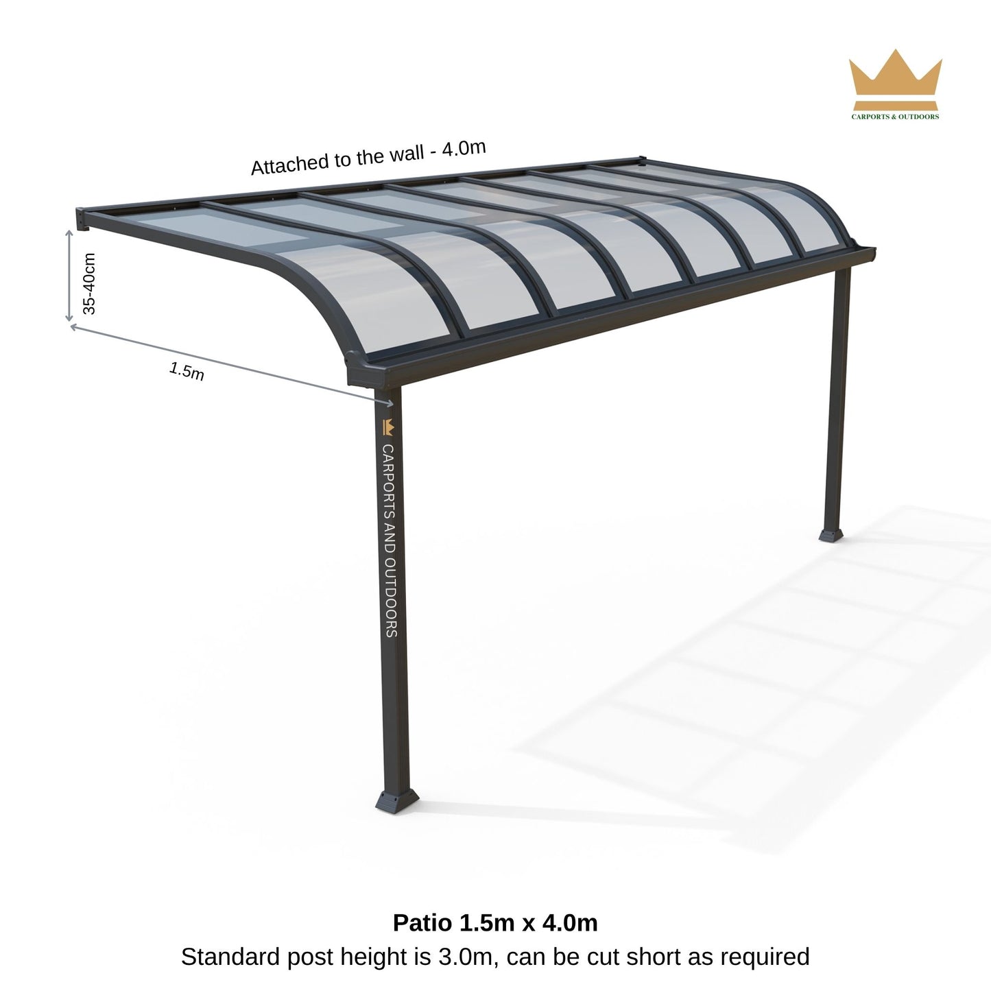 Aluminium Patio cover kit, Grey Frame with Light Grey Polycarbonate Sheets 1.5m x 4.0m