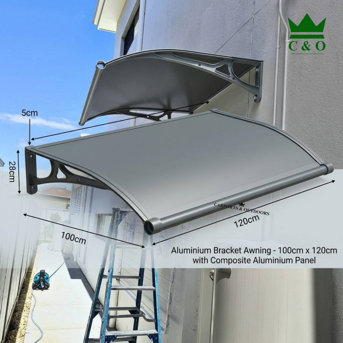 Aluminium Bracket Awning with Aluminium Composite Panel in Grey Colour 100cm x 120cm DIY kit in Melbourne