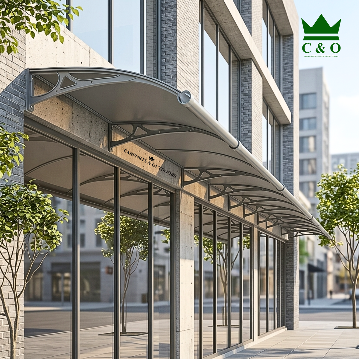 Aluminium Bracket Awning with Aluminium Composite Panel in Grey Colour on shop front in Melbourne
