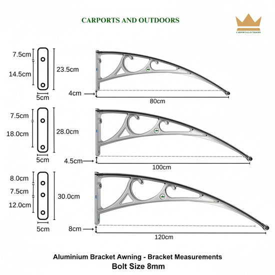 Aluminium bracket awning measurements chart for carports and outdoors.
