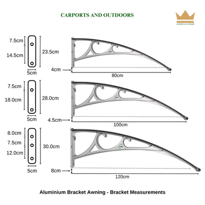 Aluminium bracket awning measurements chart for carports and outdoors.