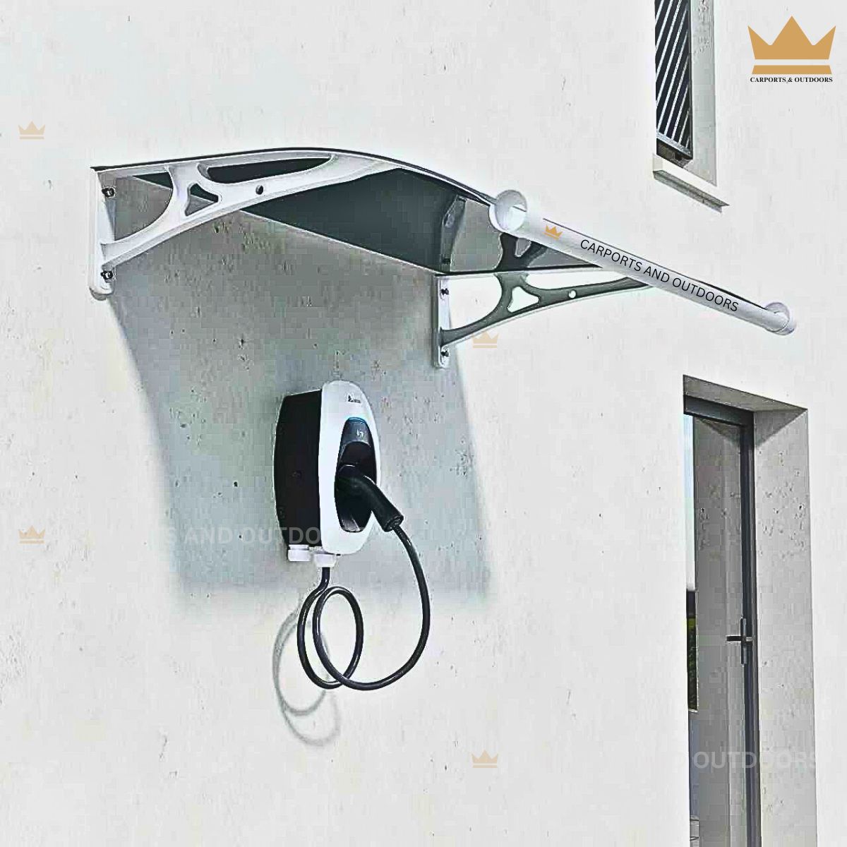 Awning with an electric vehicle charging station mounted on a concrete wall.
