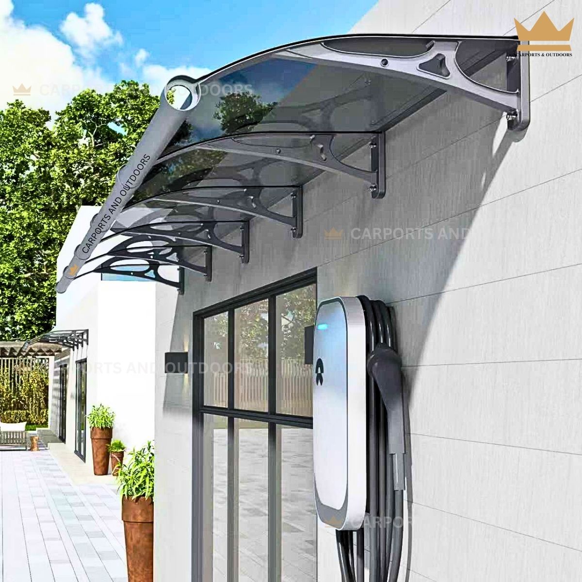 Aluminium Awnings protecting EV Charger and Solar system
