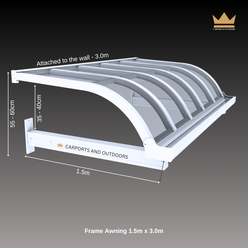 White frame awning with transparent curved panels, shown with dimension labels for a 1.5m by 3.