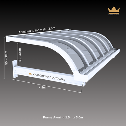 White frame awning with transparent curved panels, shown with dimension labels for a 1.5m by 3.