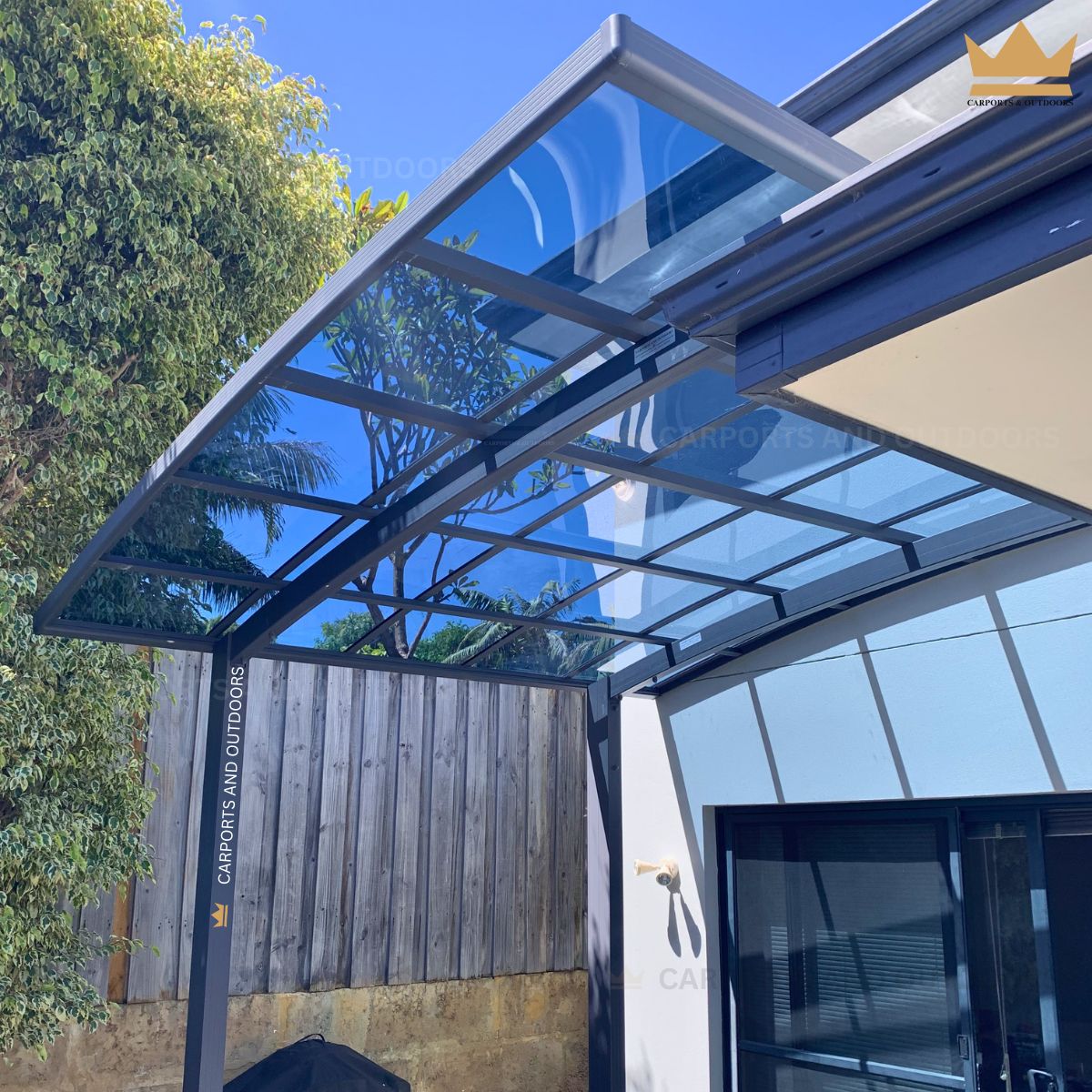 L Shape 3m x 3m Cantilever Pergola Grey Frame with Light Grey Transparent Sheets in Scarborough WA 6019