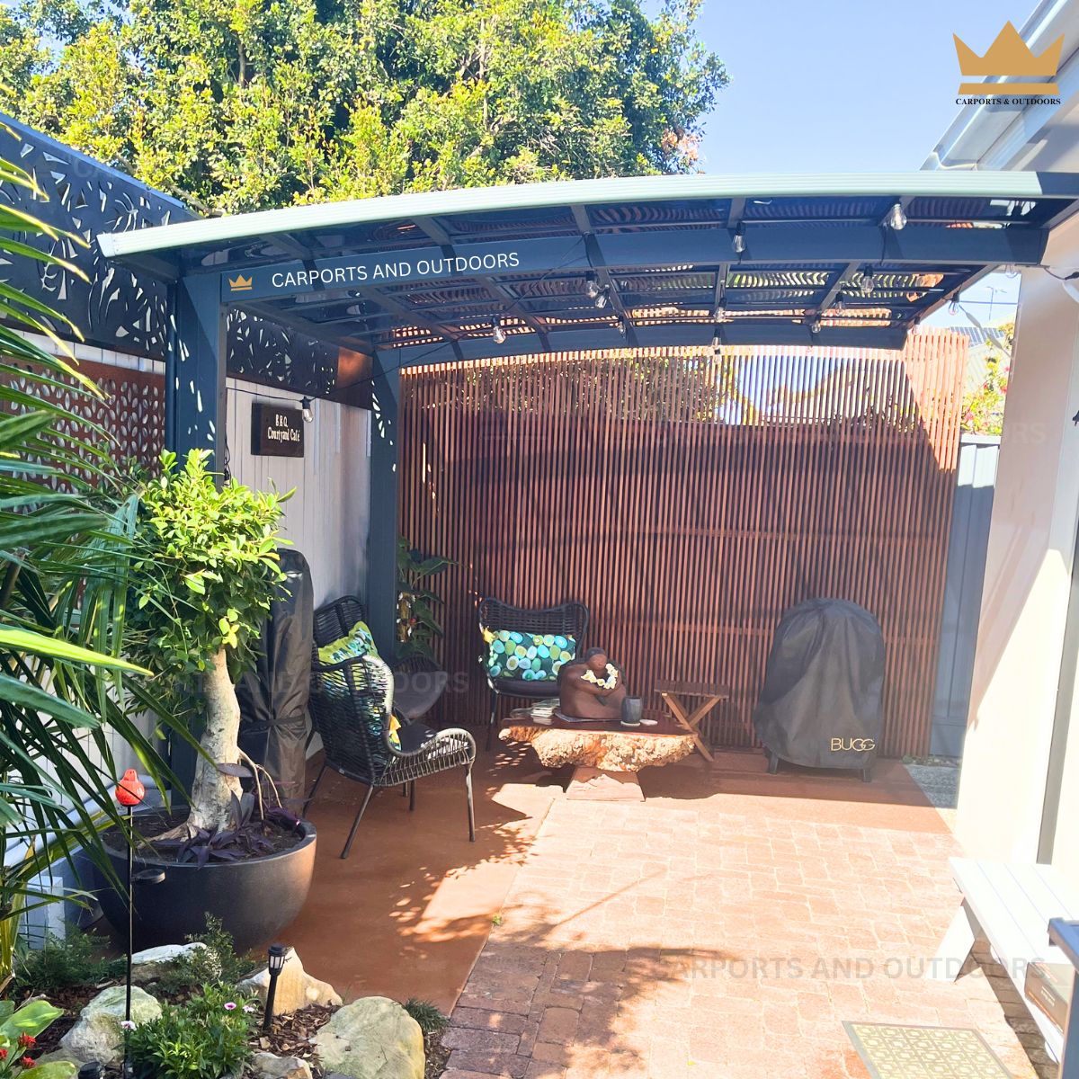 L Shape 3m x 4m Cantilever Pergola Grey Frame with Dark Grey Transparent Sheets in Newport QLD 4020