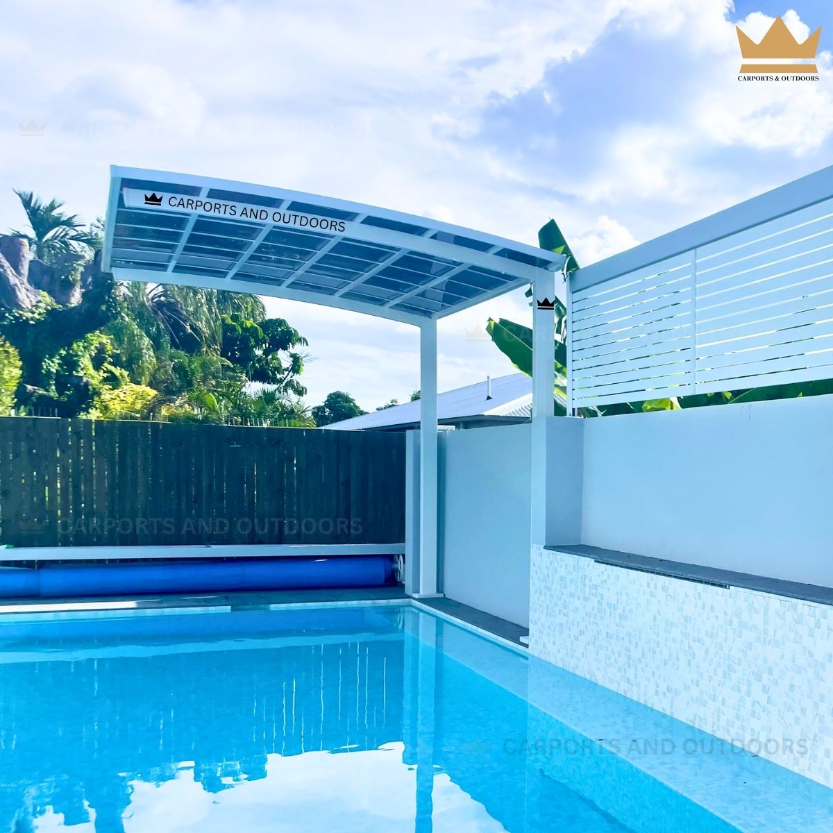 L Shape Pergola 3m x 4m White Frame with Dark Grey Transparent Sheets in West End QLD 4810