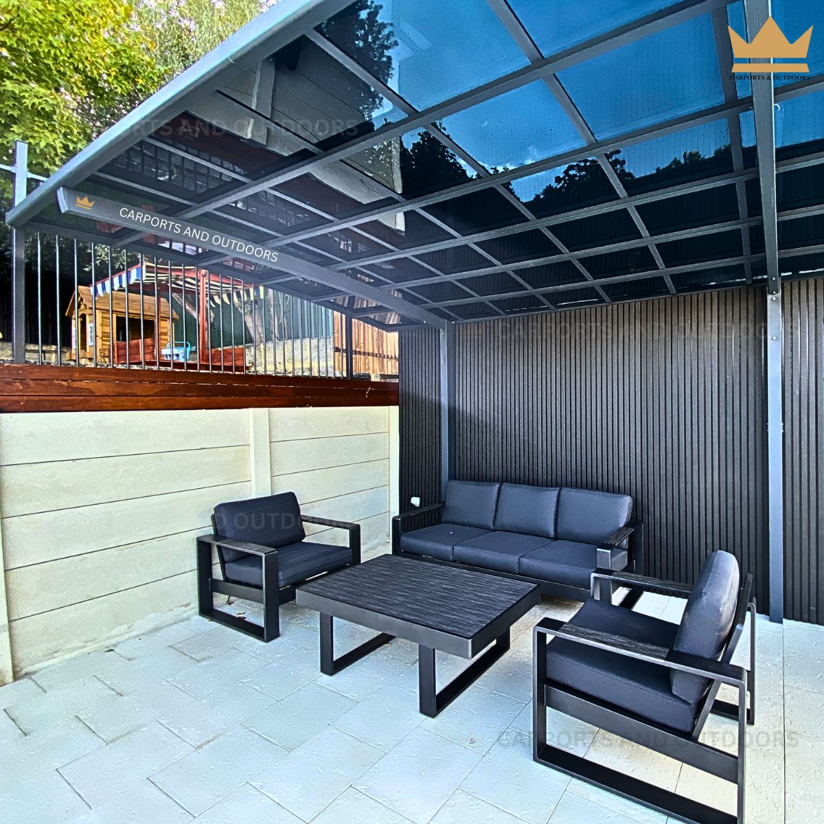 L Shape 3m x 5m Cantilever Pergola Grey Frame with Dark Grey Transparent Sheets in Sorrento WA 6020