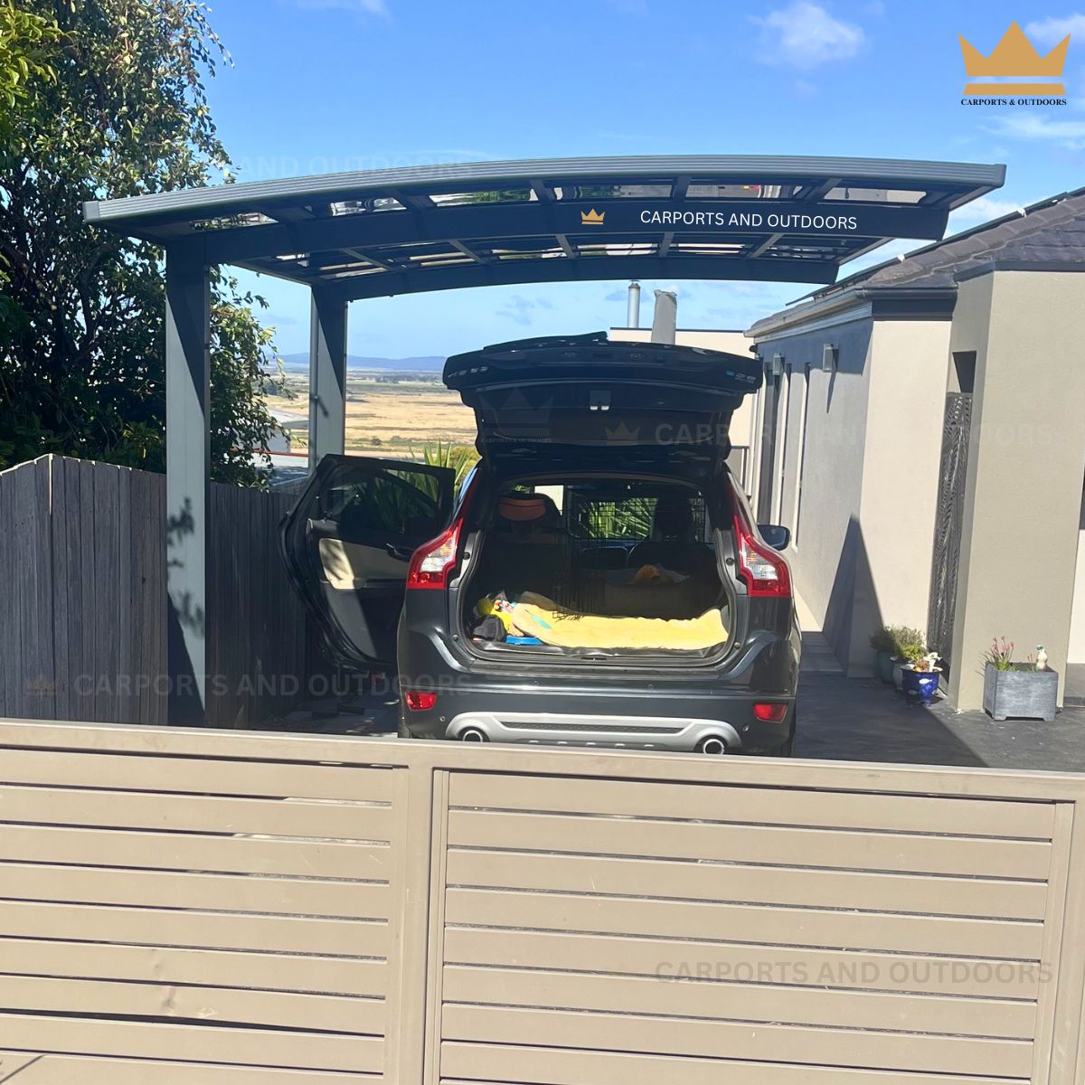 L Shape Carport 3m x 5m Grey Frame with Dark Grey Transparent Sheets in Birdport TAS 7262
