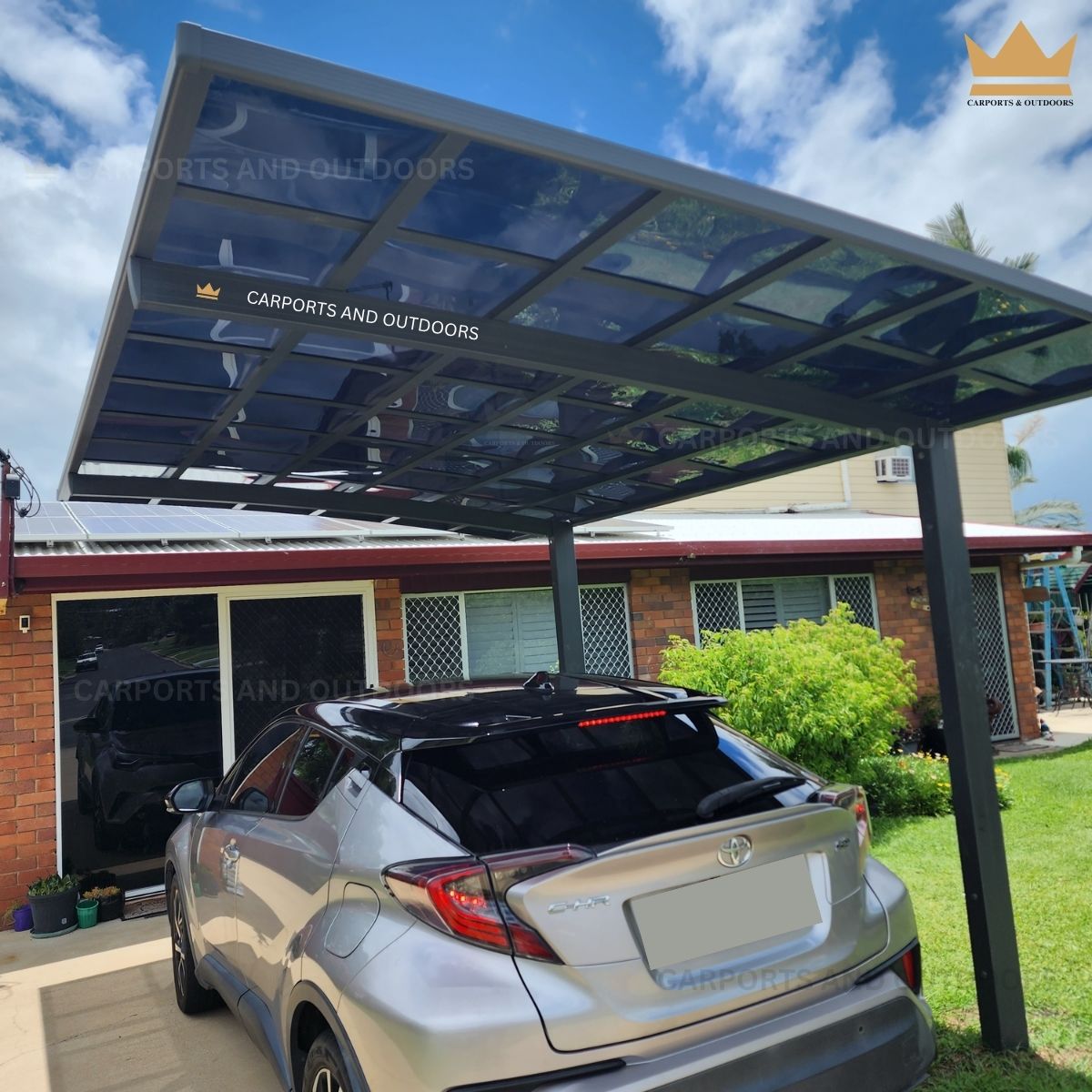 L Shape 3m x 5m Cantilever Carport Grey Frame with Dark Grey Transparent Sheets in Kawana QLD 4701