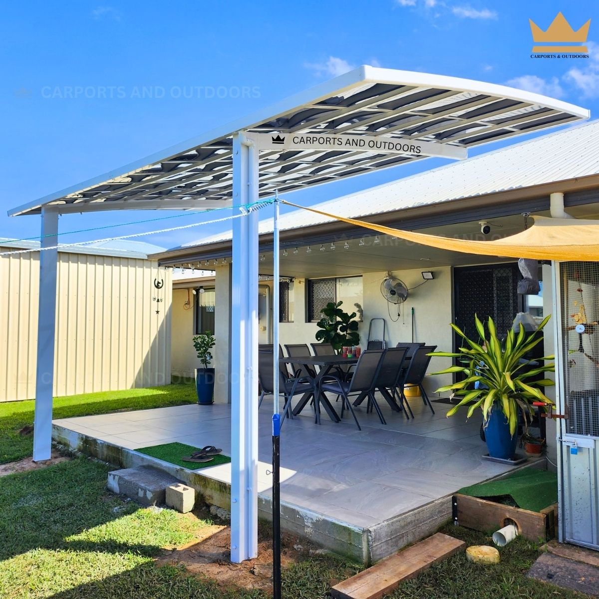 L Shape 3m x 5m Cantilever Pergola White Frame with Dark Grey Transparent in Mount Low QLD 4818