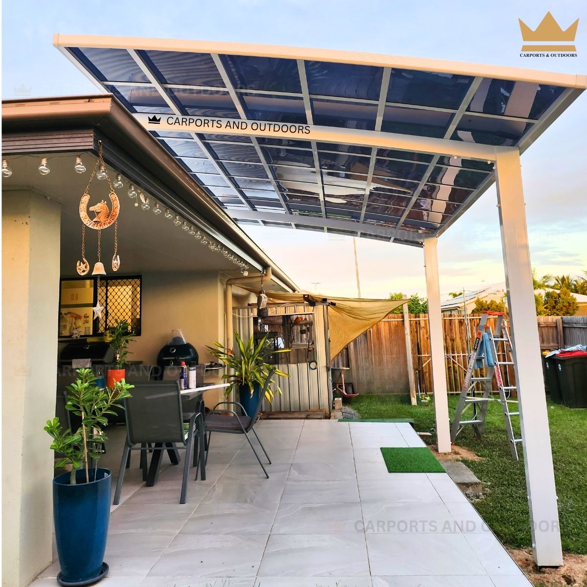 L Shape 3m x 5m Cantilever Pergola White Frame with Dark Grey Transparent in Mount Low QLD 4818