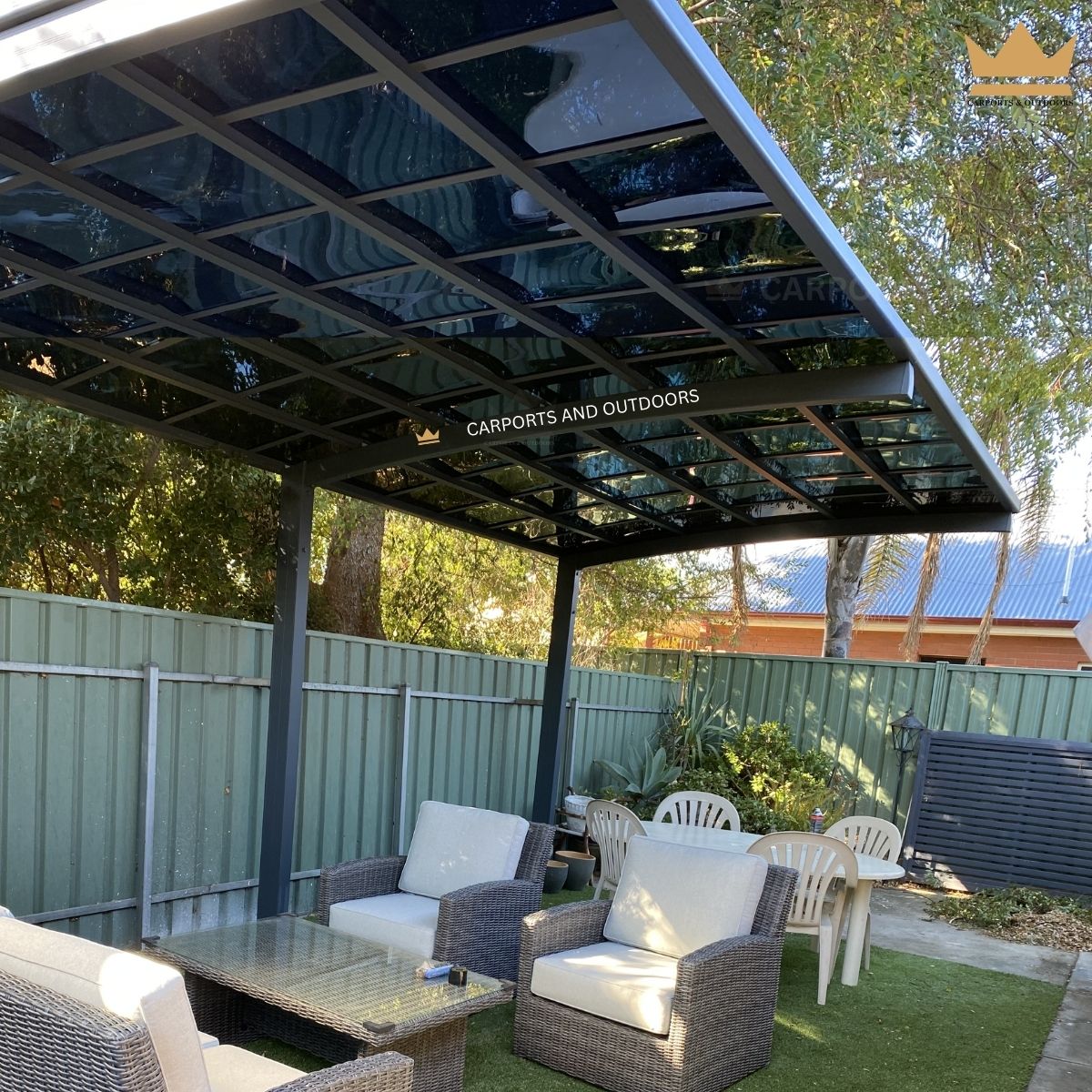 L Shape 3m x 6m Cantilever Pergola Grey Frame with Dark Grey Transparent Sheets in Largs North SA 5016