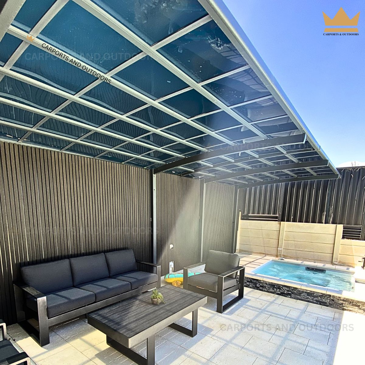 L Shape 3m x 8m Cantilever Pergola Grey Frame with Dark Grey Transparent Sheets Sorrento WA 6020