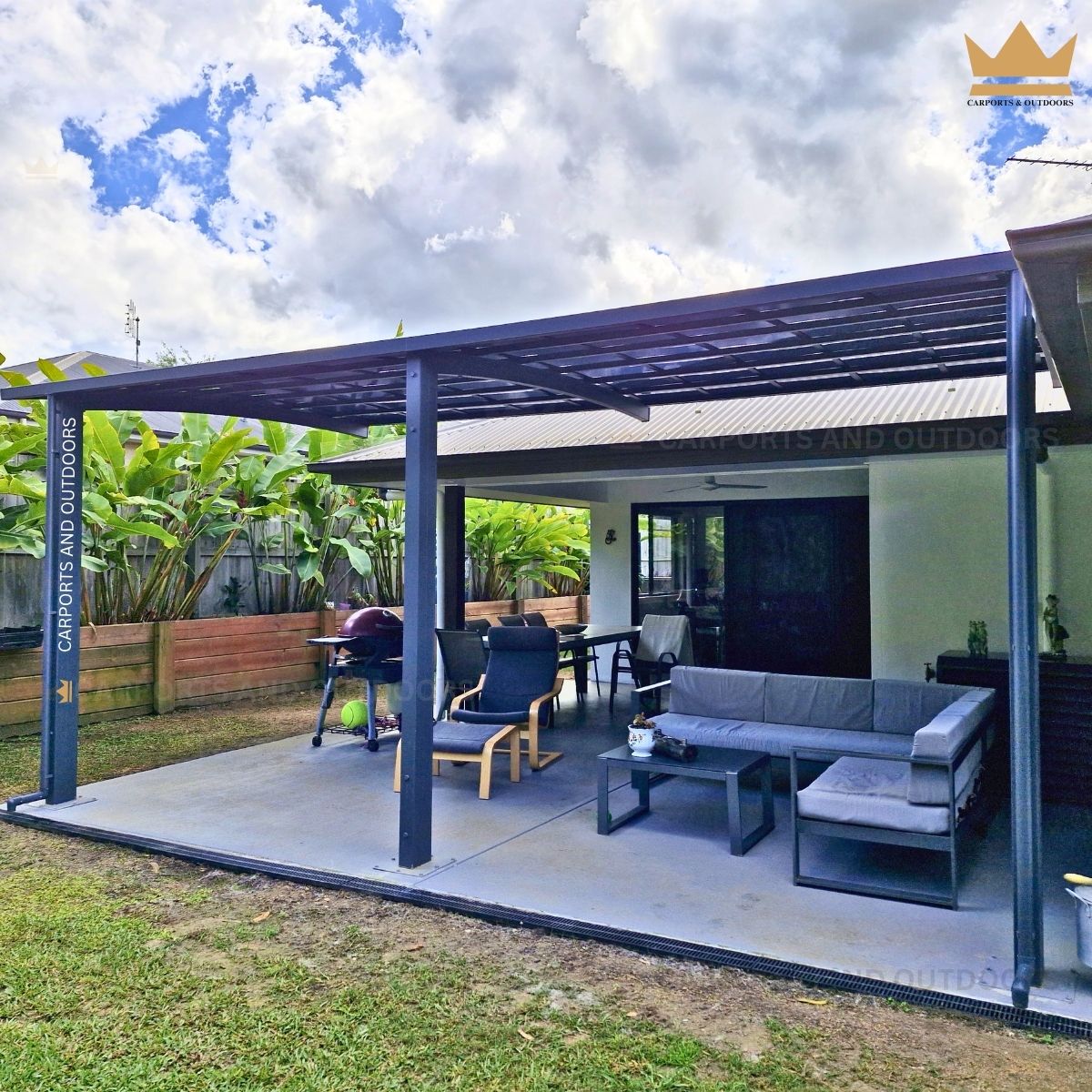 L Shape 3m x 6m Cantilever Pergola Grey Frame with Light Grey Transparent Sheets in Cooroy QLD 4563