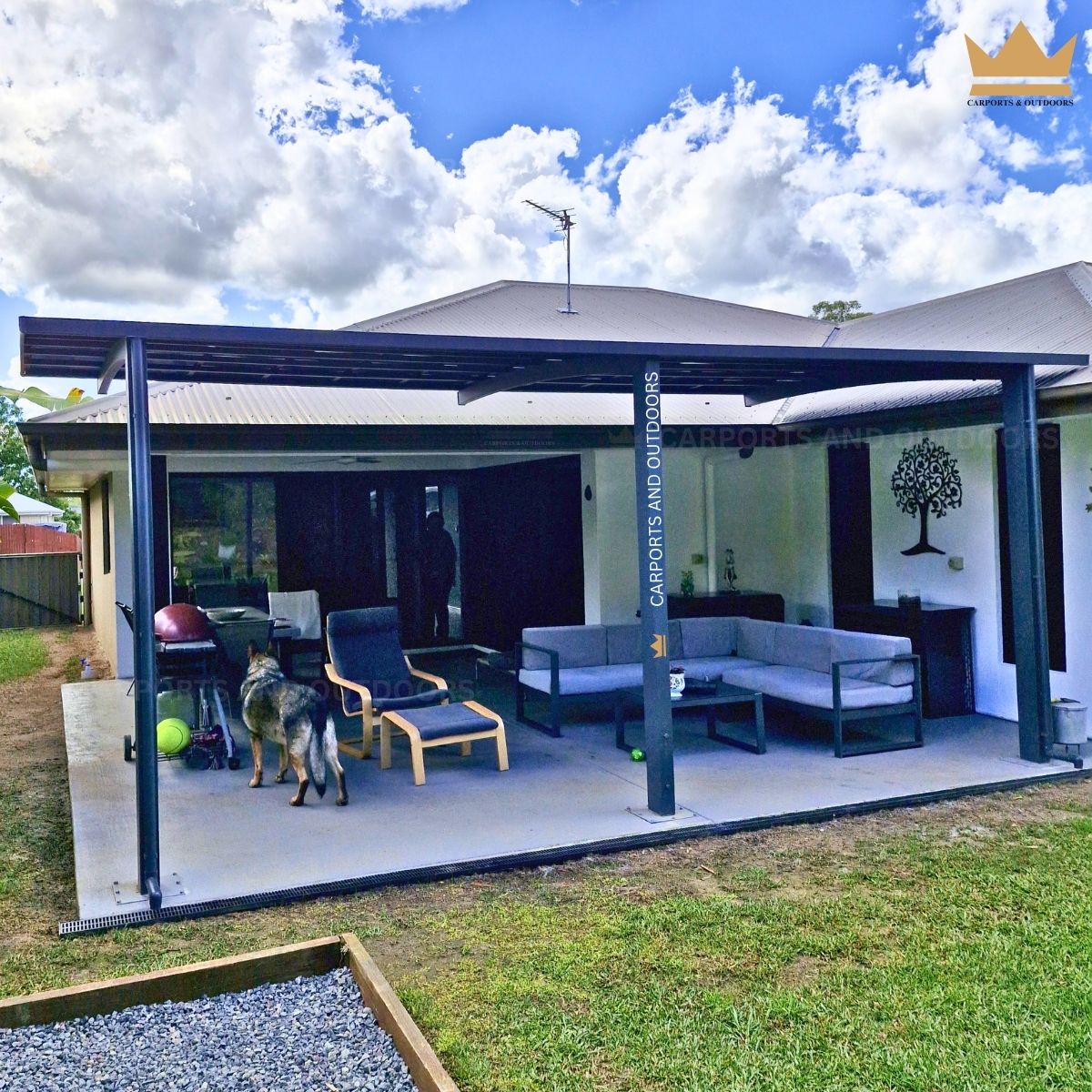 L Shape 3m x 6m Cantilever Pergola Grey Frame with Light Grey Transparent Sheets in Cooroy QLD 4563