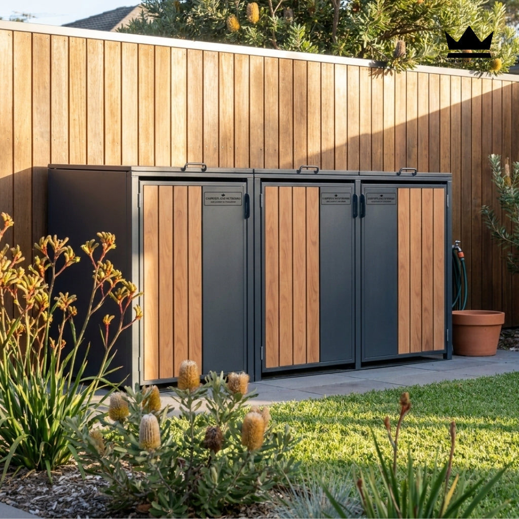 Garbage or trash bin shed diy kit. Outdoor storage unit with wooden and metallic design.